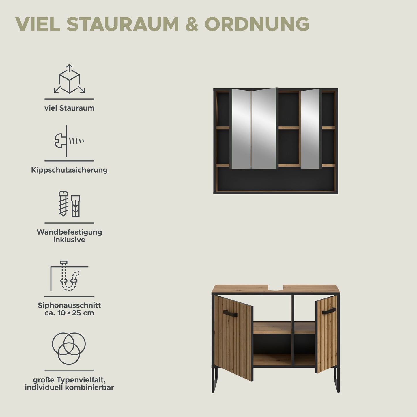 Badmöbelset: Unterschrank mit Drehtüren und verstellbarem Innenraum im Spiegelschrank