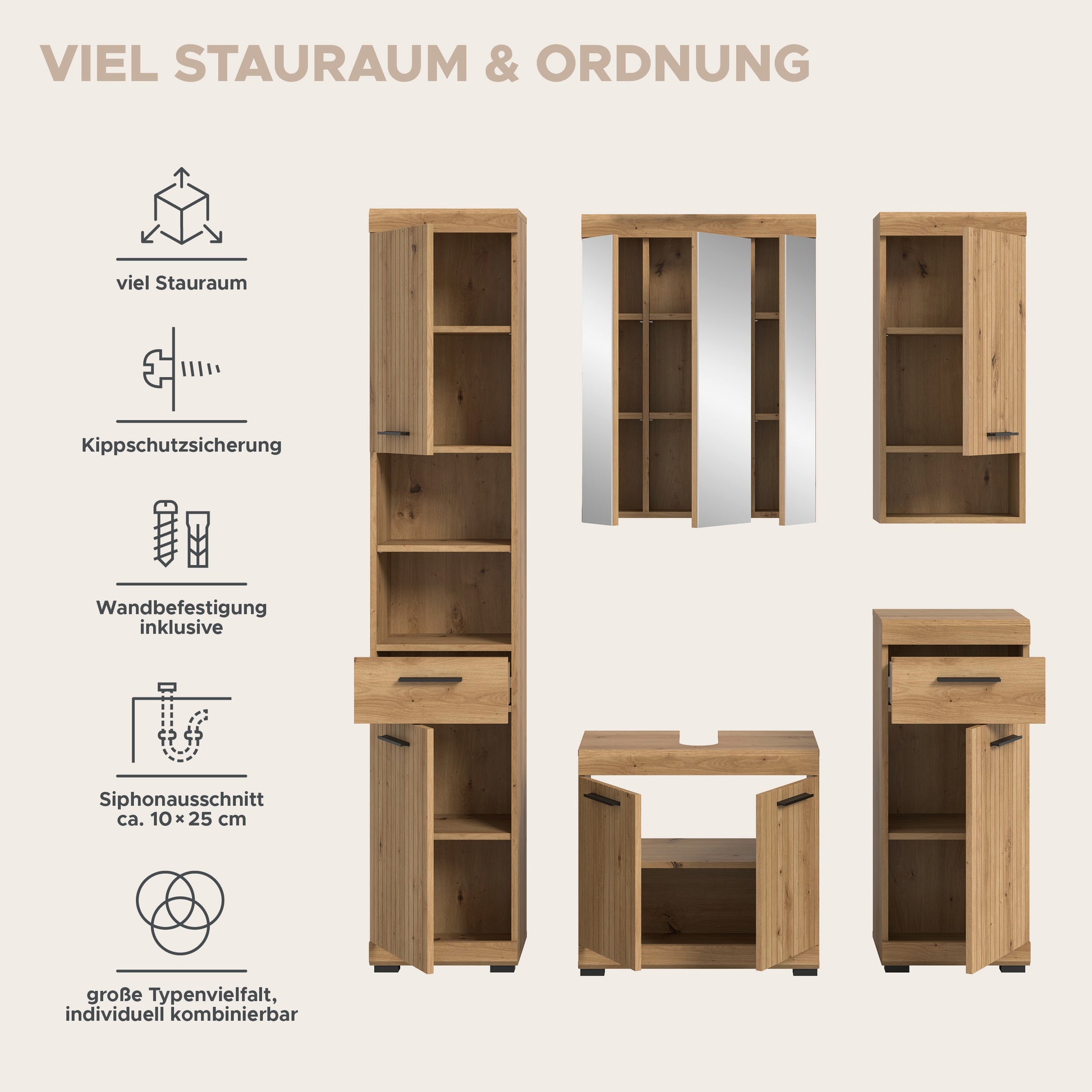 Badezimmerset mit Stauraum, Schranktüren und verstellbaren Fächern in Holzoptik und Mint