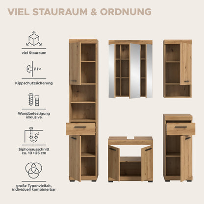 Badezimmerset mit Stauraum, Schranktüren und verstellbaren Fächern in Holzoptik und Mint