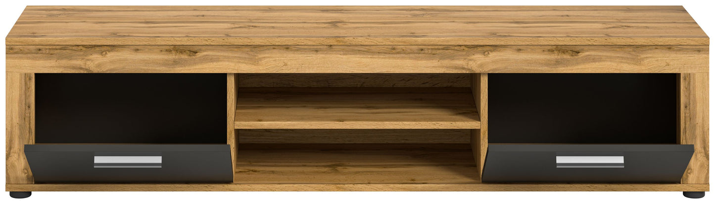 Meuble TV bas JAM (L/H/P : env. 160/37/40 cm) en imitation chêne Wotan/gris
