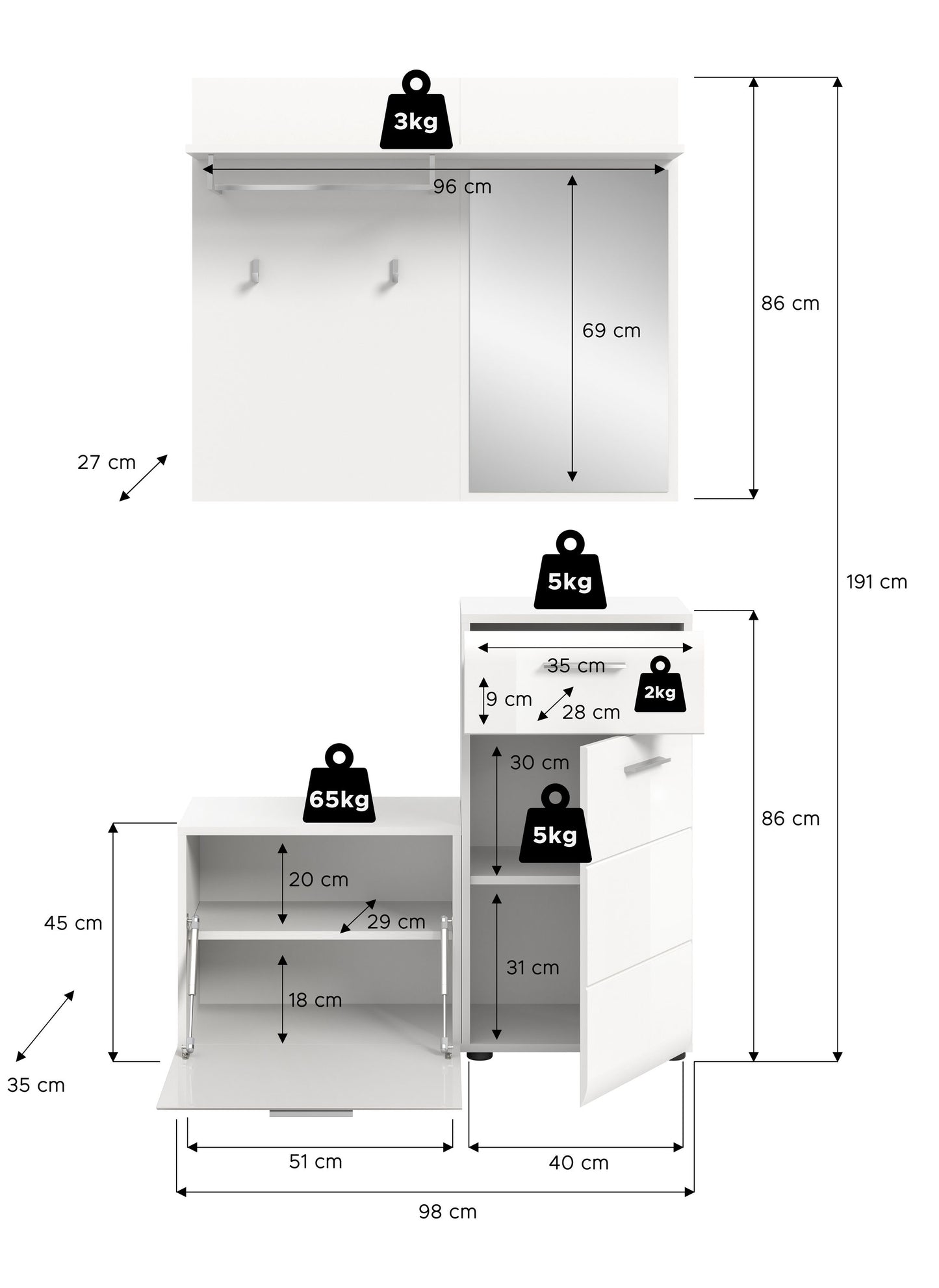 Homes & Jones Garderobe mit Spiegel, Garderobenset 4-tlg., weiß Hochglanz Front