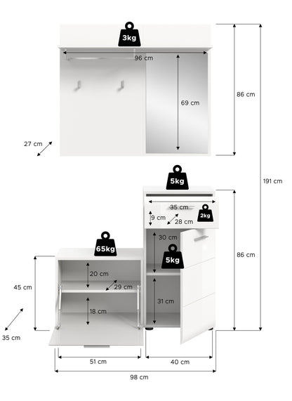 Homes & Jones Garderobe mit Spiegel, Garderobenset 4-tlg., weiß Hochglanz Front