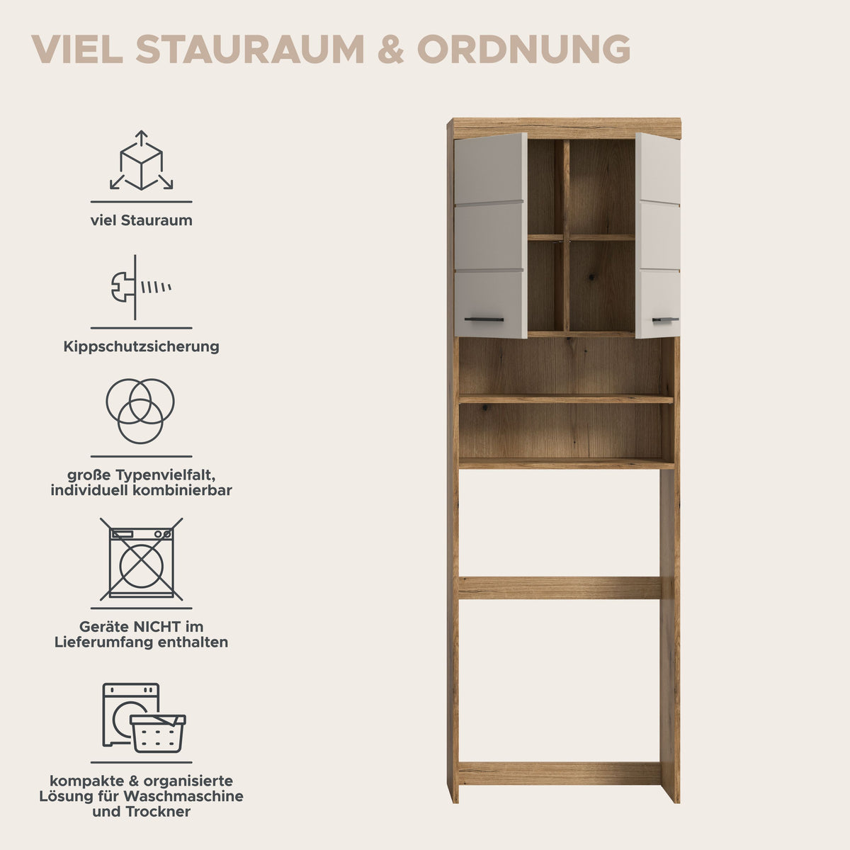 Waschmaschinenüberbau mit Ablagefächern, Holzoptik mit grauen Klappen und Regalböden