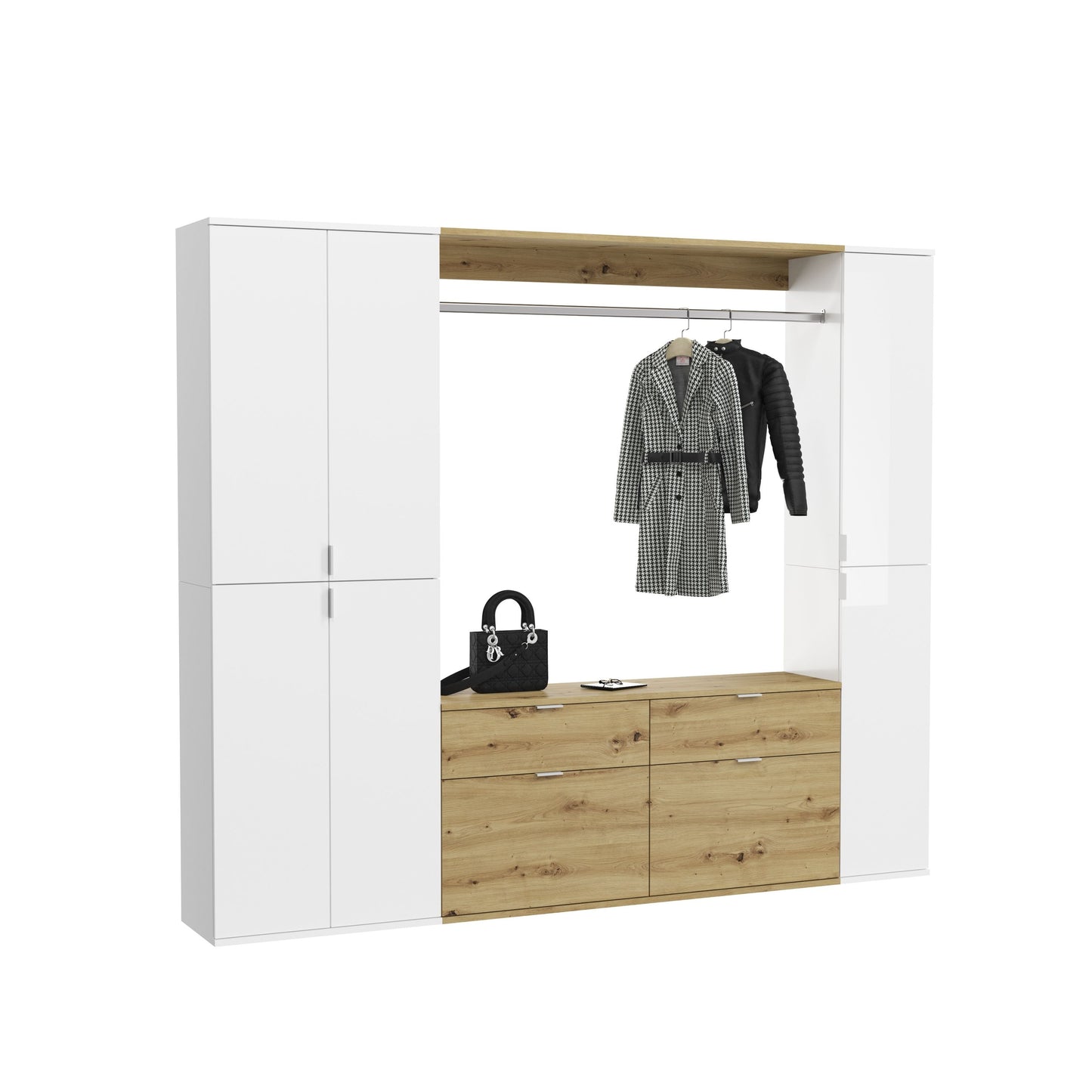 Garderoben-Schrank mit Kleiderstange, Holzoptik-Basis und zwei unteren Schubkästen, weiß-braun