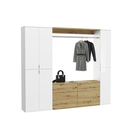 Garderoben-Schrank mit Kleiderstange, Holzoptik-Basis und zwei unteren Schubkästen, weiß-braun