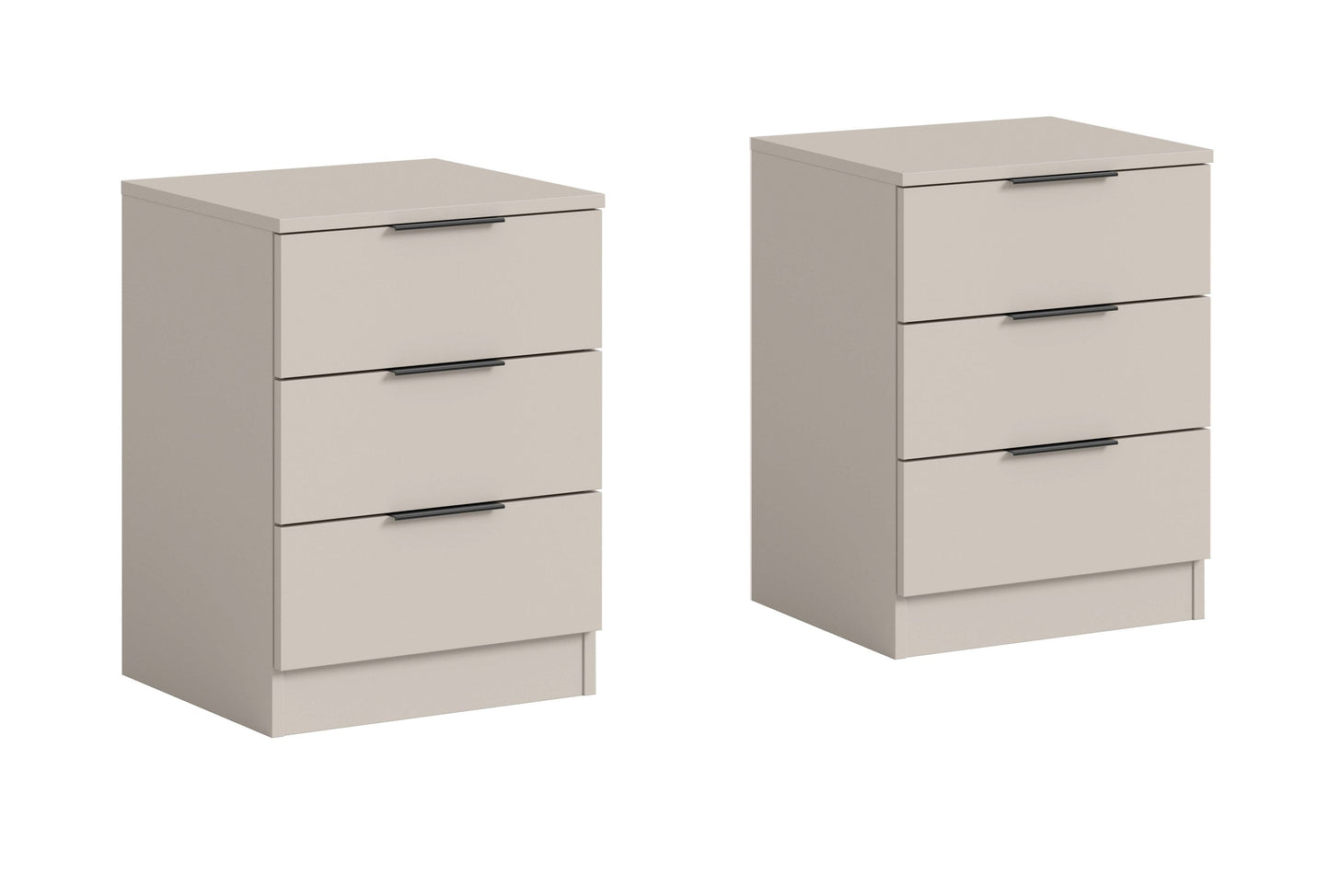 Beige Nachtkommode mit drei Schubladen und Metallgriffen, zwei Ansichten.