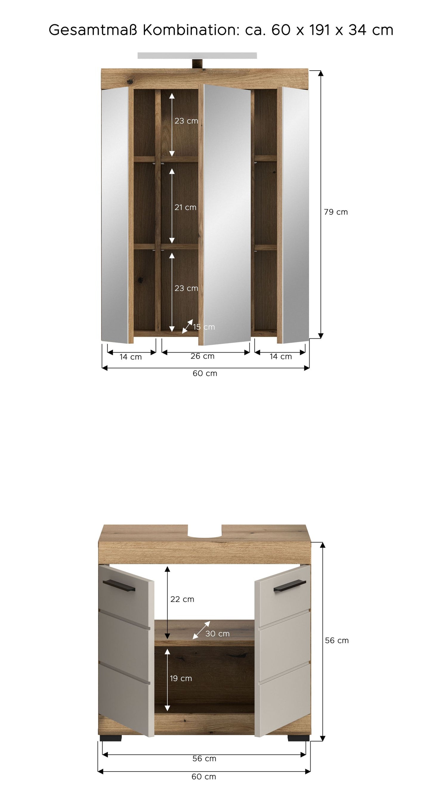 Badezimmerset aus Spiegelschrank und Waschtischunterschrank in Frontansicht mit Maßen