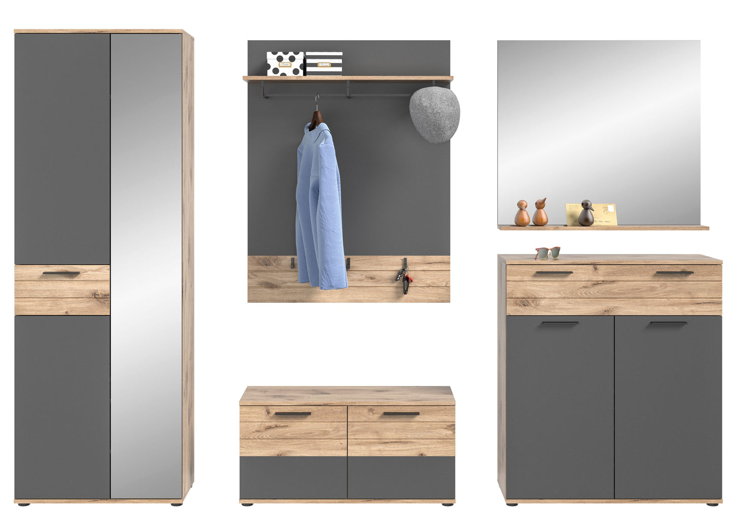 Garderoben-Set: Kleiderschrank, Garderobenwand mit Spiegel, Schuhbank und Kommode