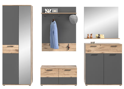 Garderoben-Set: Kleiderschrank, Garderobenwand mit Spiegel, Schuhbank und Kommode