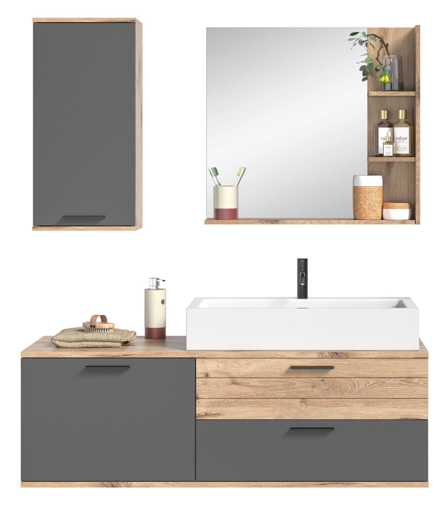 Ensemble de salle de bain MASON (L/H/P : env. 140/152/48 cm) en imitation chêne Nox/gris basalte