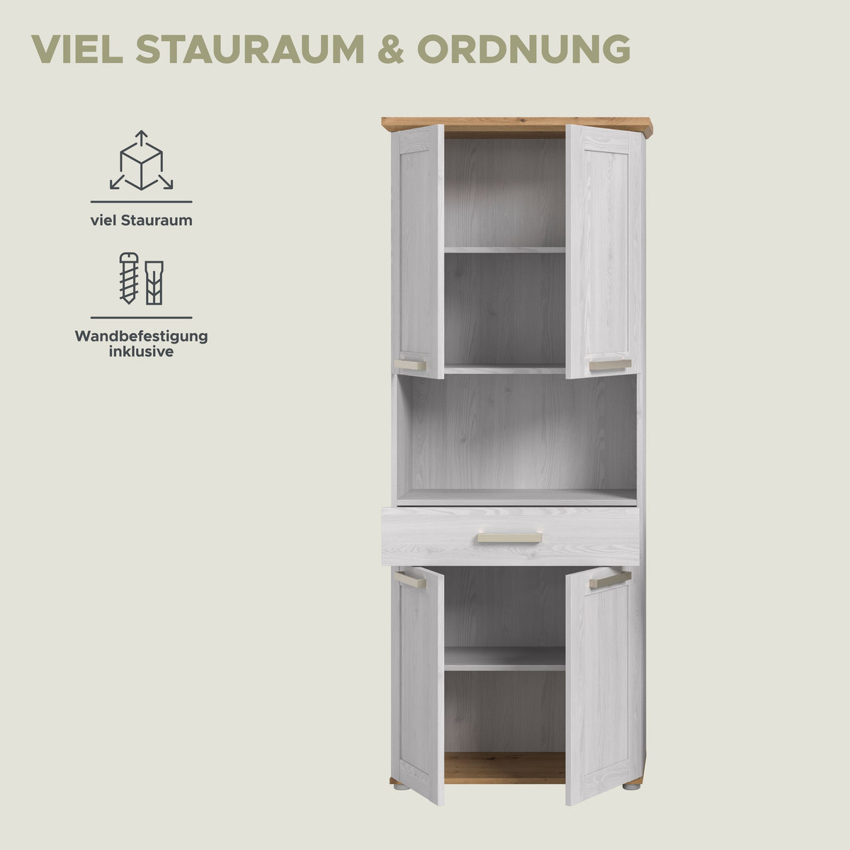 Tall cabinet wide VERONA (W/H/D: approx. 74/187/34 cm) in Sibiu larch reproduction/Sibiu larch reproduction