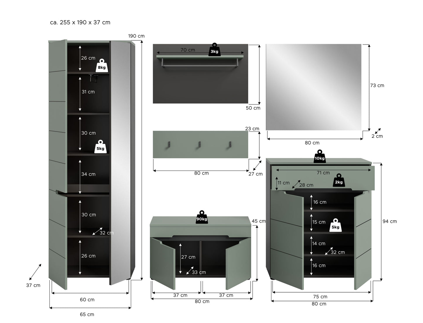 Ensemble d'entrée CANU (L/H/P : env. 255/190/37 cm) en gris basalte/vert fumée