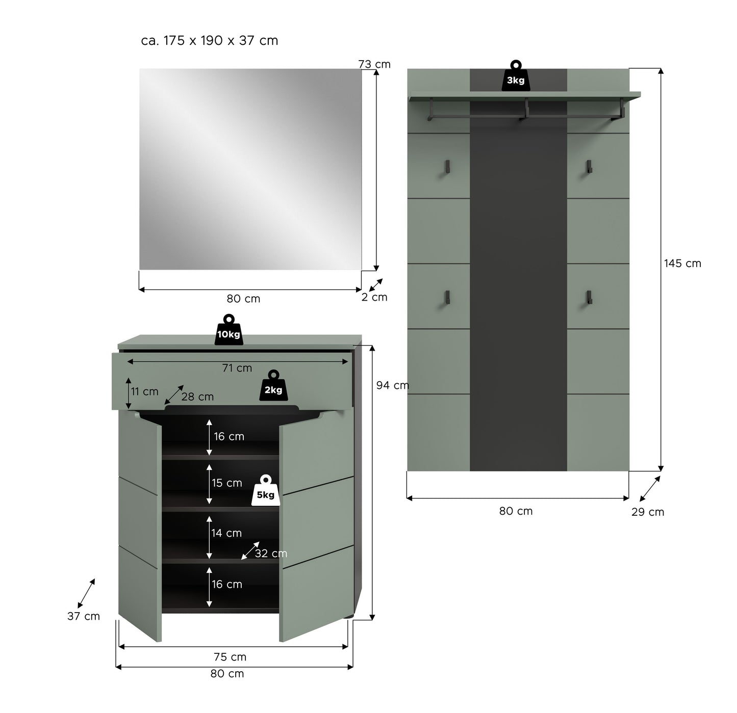 Ensemble de vestiaire CANU (L/H/P : env. 175/190/37 cm) gris Basalte/vert Smoke Green
