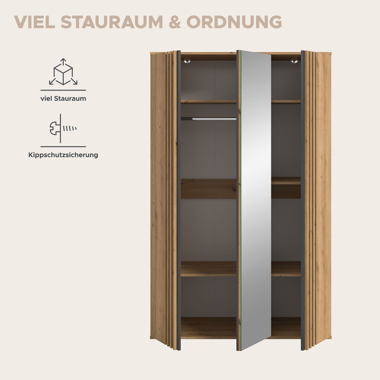 Homes & Jones Kleiderschrank 120cm breit 3-türig, Schlafzimmerschrank