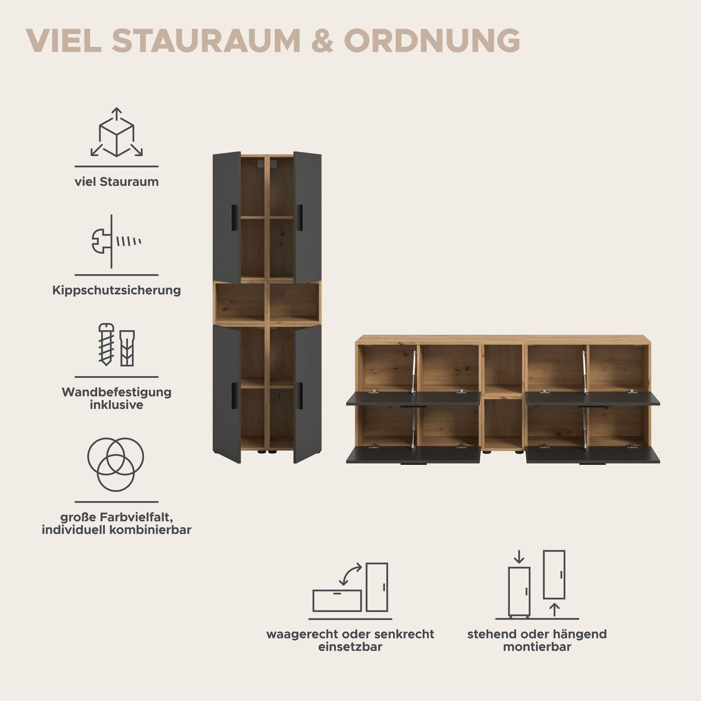 Homes & Jones Wohnwand 4-tlg. TV Möbel Modular Lowboard, Wohnzimmerschrank