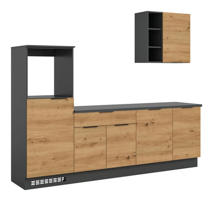 Küchenzeile in Schwarz/Artisan Eiche mit offenen Fächern, Schubladen und Türfronten