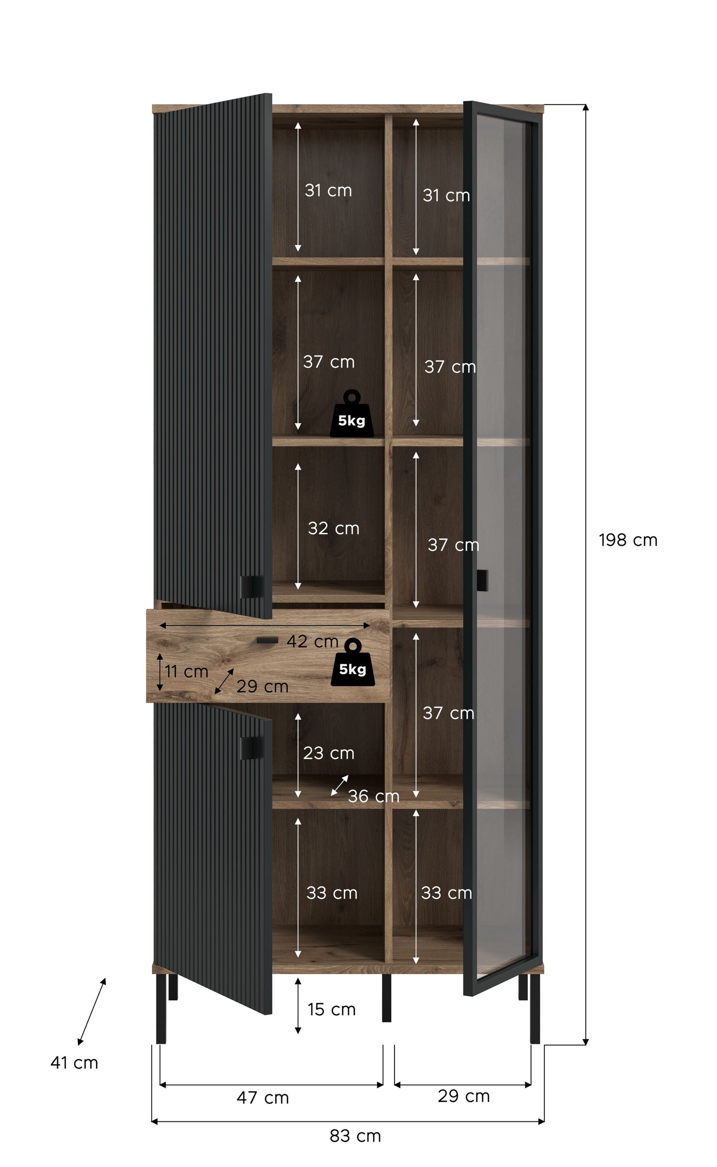 Homes & Jones Vitrinenschrank, Wohnzimmerschrank-mit 4 Deko Fächer, Wohnmöbel