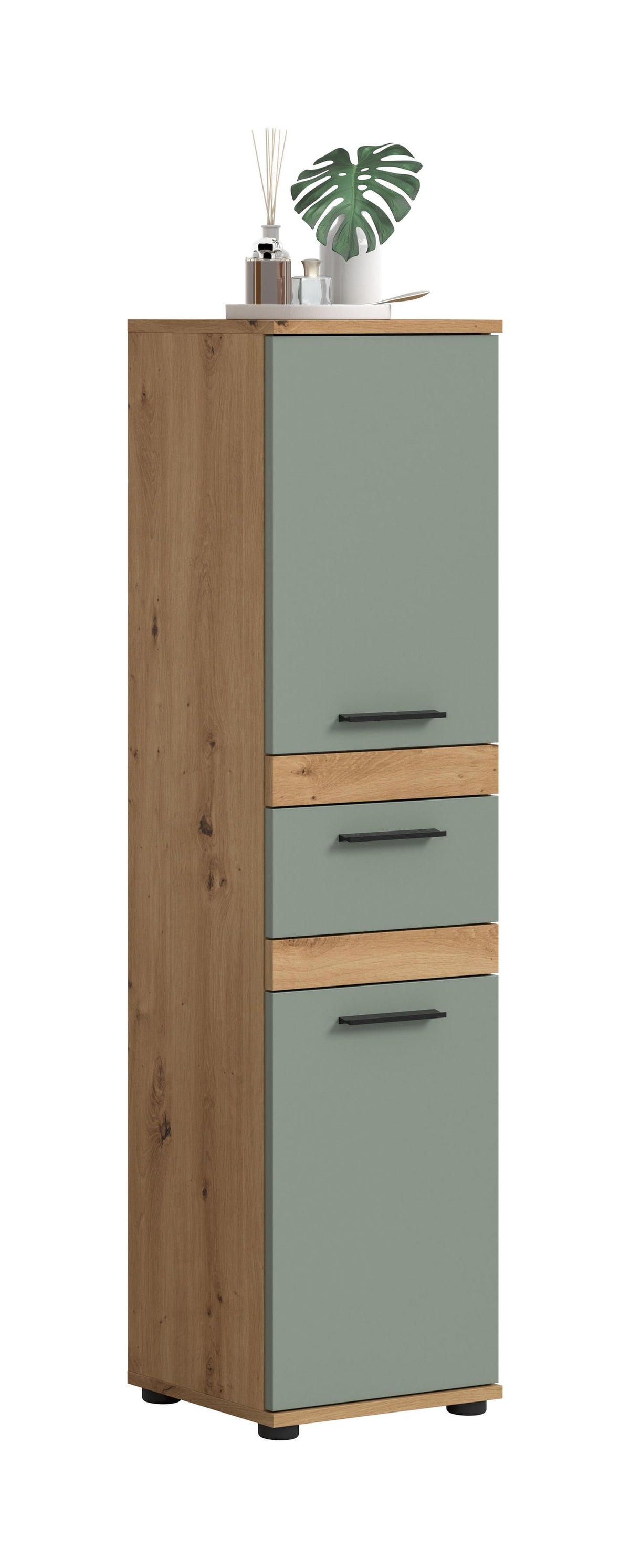 Badhochschrank mit 3 Schubladen, Holzfront und taupefarbenen Griffen, geschlossener Aufbau