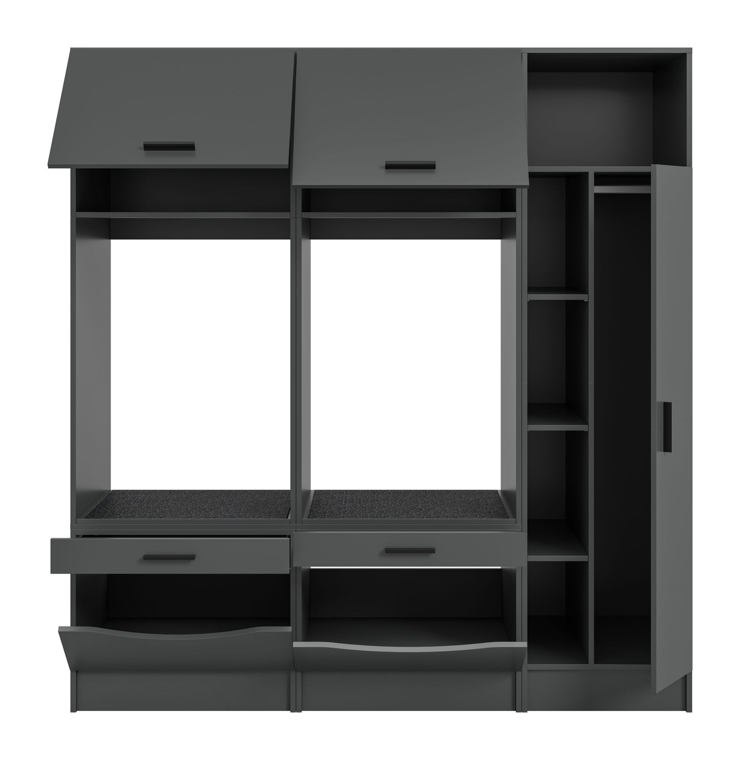 Waschmaschinenschrank-Set in Grau mit zwei offenen Bereichen, Schubladen und seitlichen Fächern
