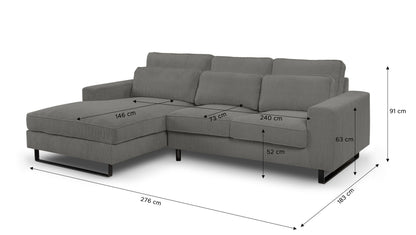 Ecksofa mit Recamiere in grauem Cordstoff, Seitenansicht mit Maßangaben