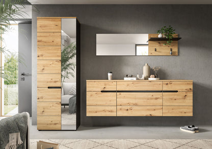 Homes & Jones Garderobenschrank mit Spiegel und Hängekommode, Eiche-Look, schwarze Griffleisten