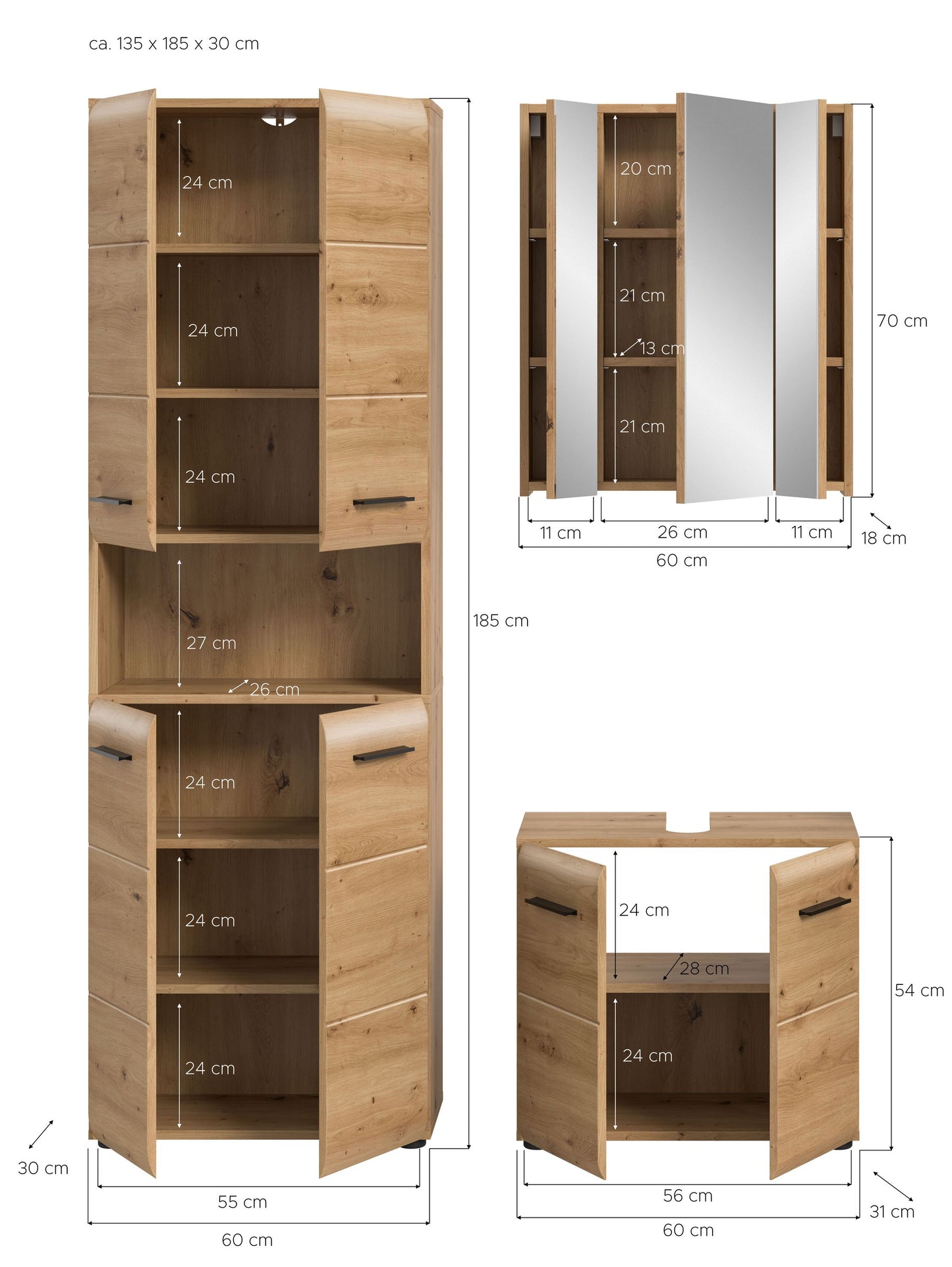 Homes & Jones Badmöbel-Set, 3-teilig: Holzfarbenes Hochbord mit offenen Fächern