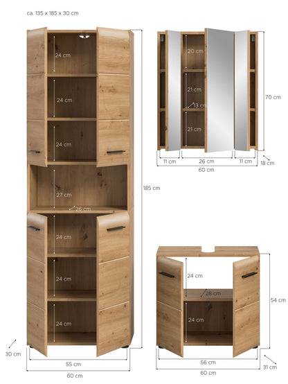 Homes & Jones Badmöbel-Set, 3-teilig: Holzfarbenes Hochbord mit offenen Fächern