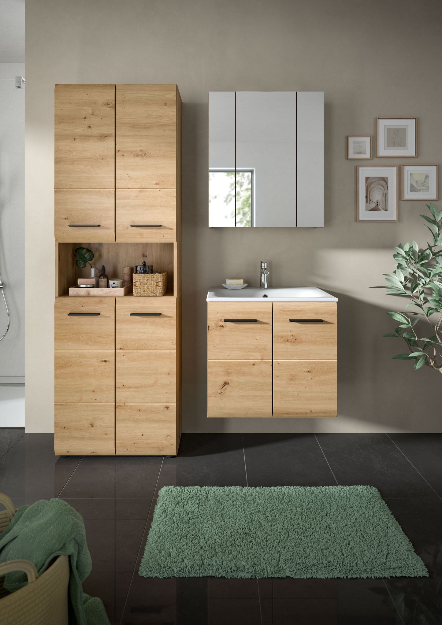 Badmöbel-Set mit Hochschrank, Spiegelschrank und Waschtischunterschrank, naturfarbenes Holz