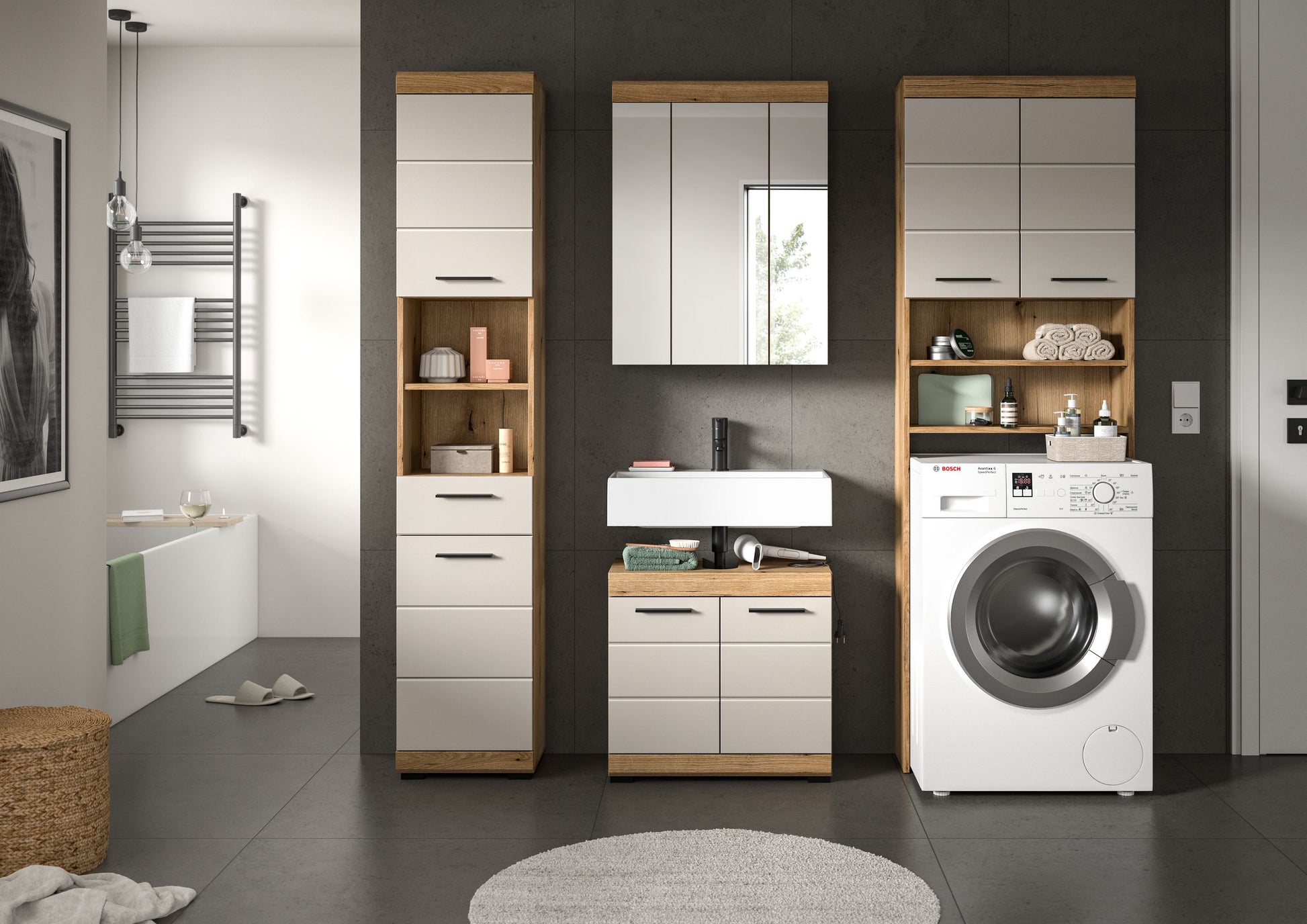 Badezimmerset mit Hochschrank, Spiegelschrank und Waschtischunterschrank, griffleisten
