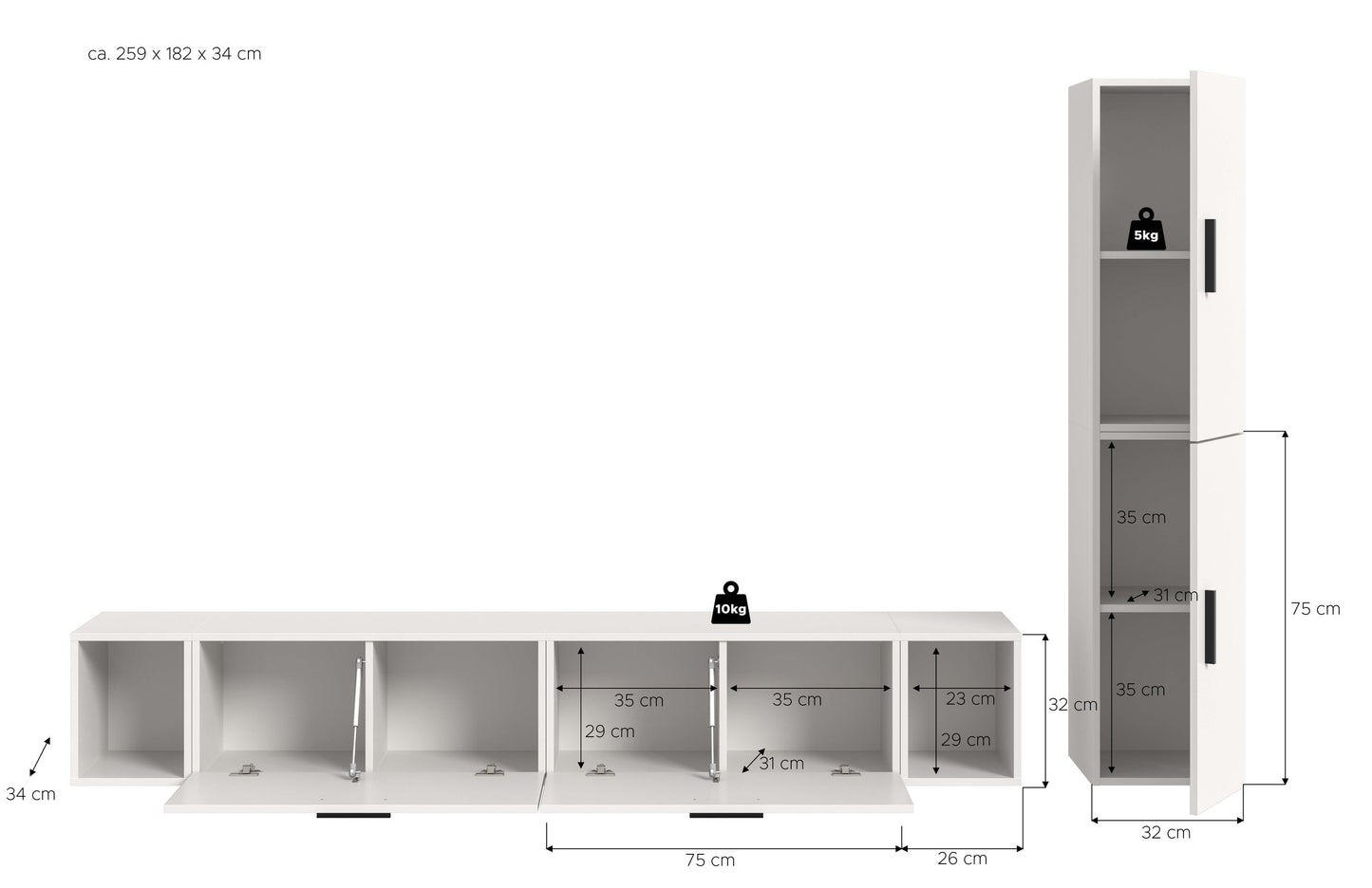 Homes & Jones Wohnwand 2-tlg. TV Möbel Modular Lowboard, Wohnzimmerschrank