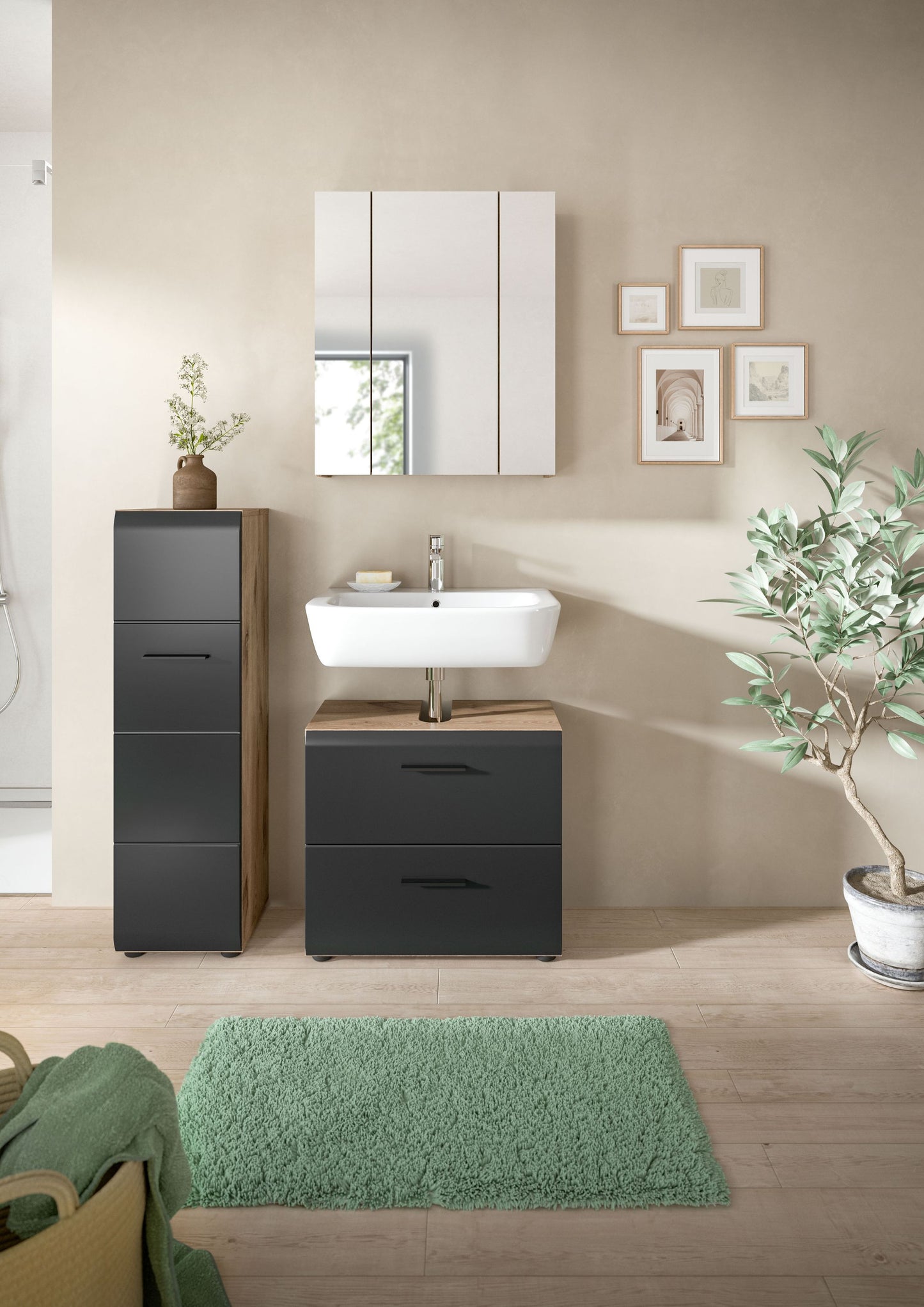 Badezimmer-Set mit Spiegel, Waschtisch-Unterschrank und Hochschrank in Dunkelgrau
