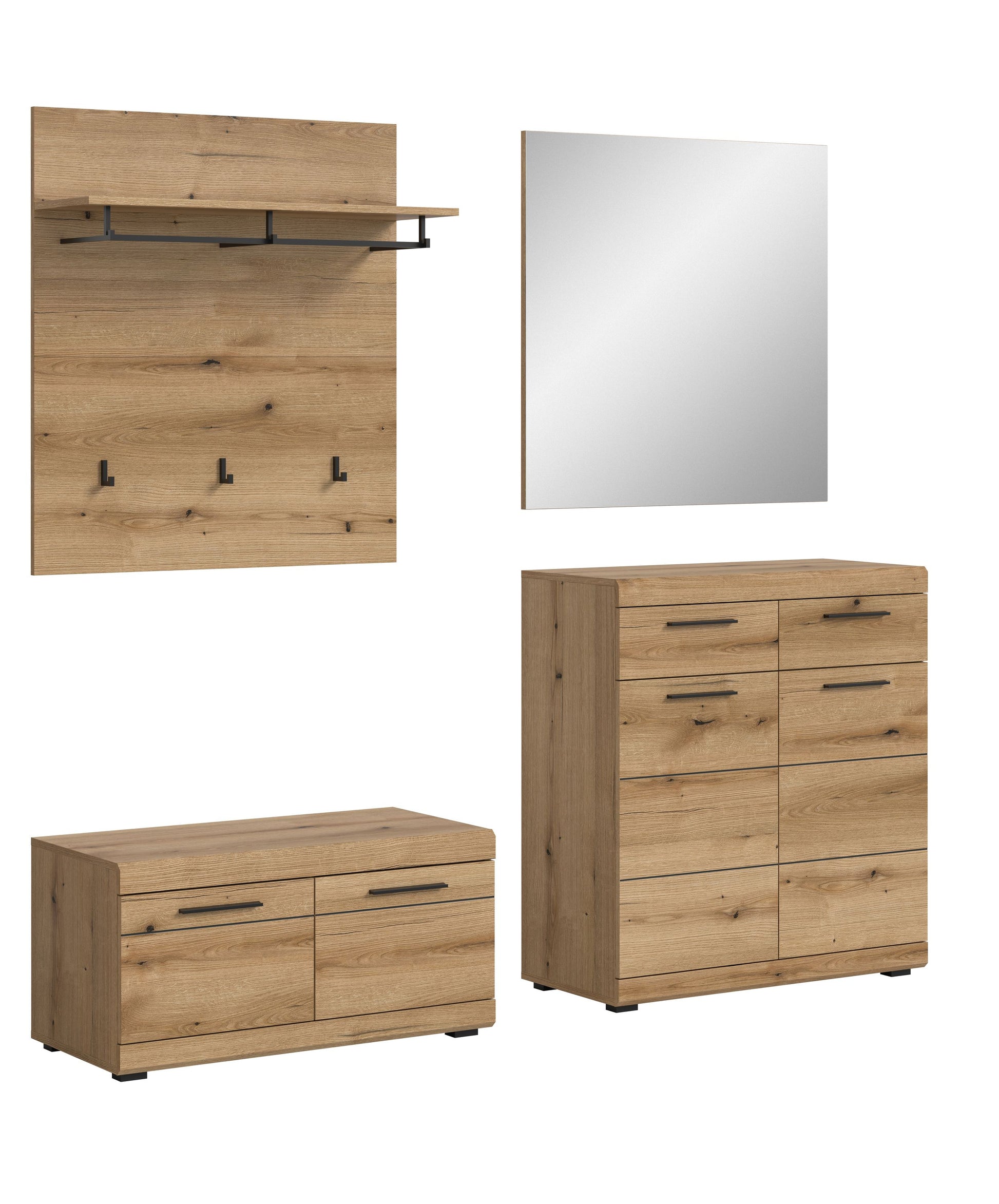 Garderobenelemente in heller Holzoptik: Garderobenwand, Spiegelpaneel und Kommode mit Schubfächern