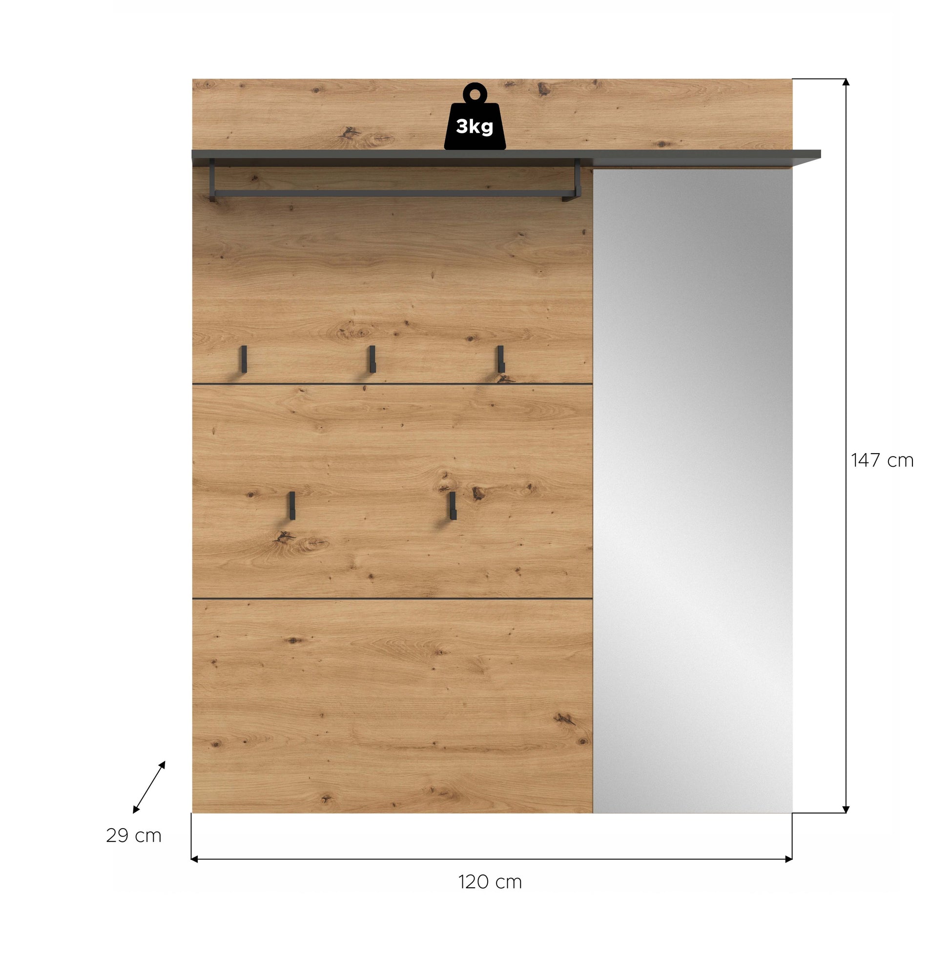 Maßangaben: 120×147 cm, Garderobenpaneel mit Spiegel, Hutablage und Haken