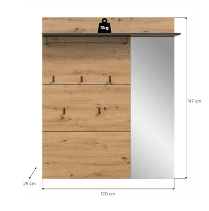 Maßangaben: 120×147 cm, Garderobenpaneel mit Spiegel, Hutablage und Haken
