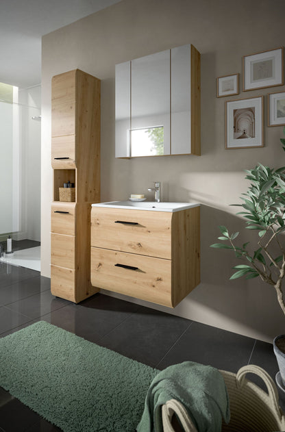 Badmöbel-Set in hellem Holz: Waschtisch mit Unterschrank, Hochschrank und Spiegelschrank