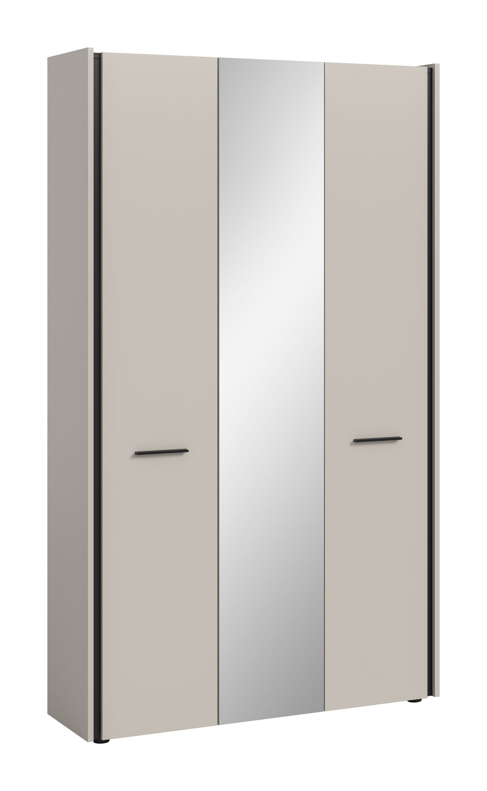 Garderobenschrank mit Spiegelelement, zwei schmale Türen in Beige mit Griffmulden