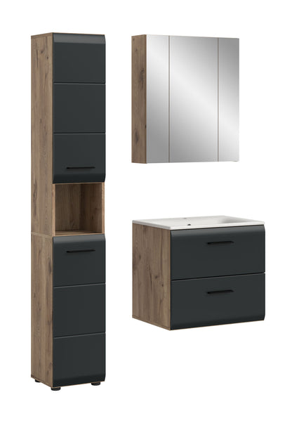 Badmöbel-Set in Eiche und Graphit: Hochschrank, Spiegelschrank und Waschtischunterschrank