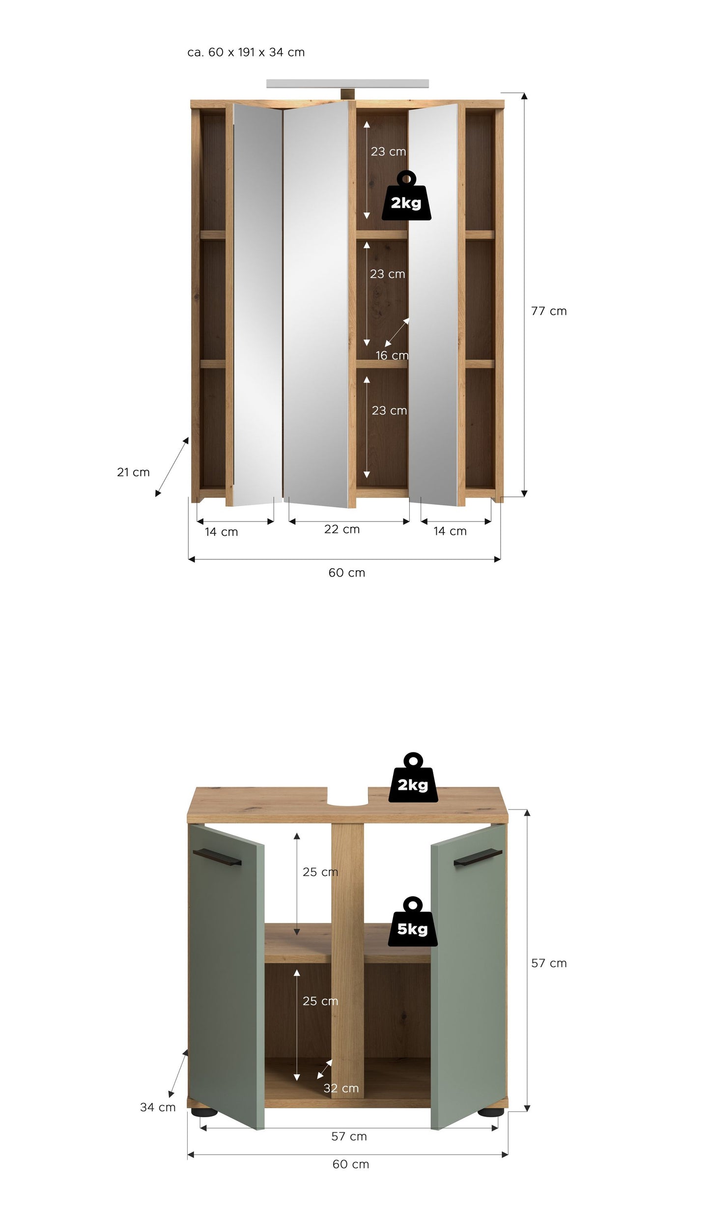 Badmöbel-Set mit Spiegelschrank und Unterschrank, offene Türen mit Innenregal