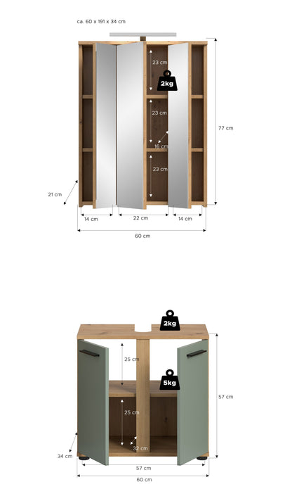 Badmöbel-Set mit Spiegelschrank und Unterschrank, offene Türen mit Innenregal