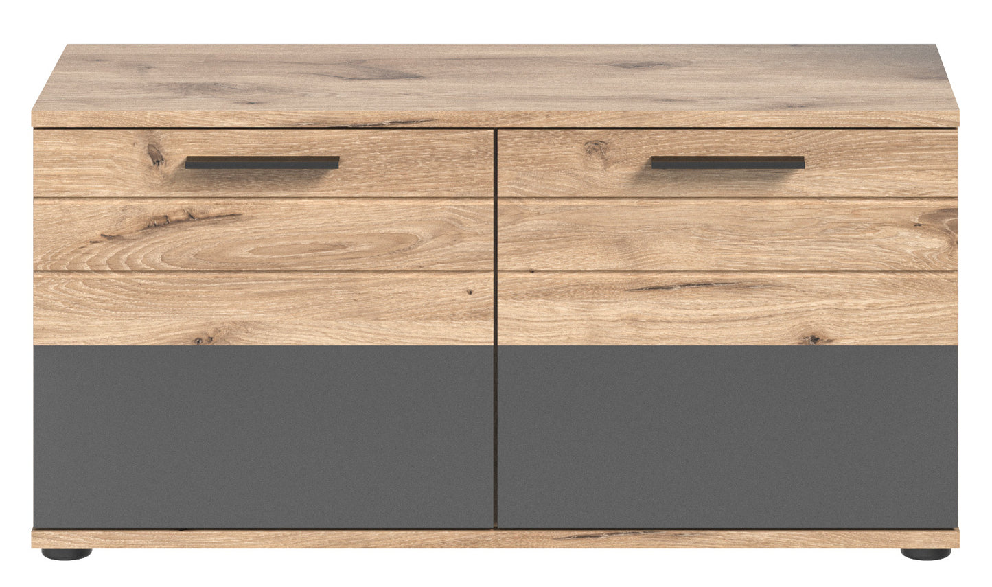 Garderoben-Sitzbank mit Holzplatte, zwei Schubladen und zwei grauen Klappen