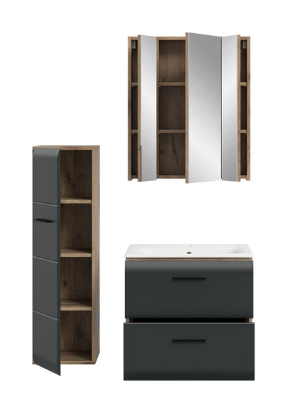 Badmöbel-Set mit geöffnetem Hochschrank und Spiegelschrank sowie Waschtischunterschrank, dunkelgrau