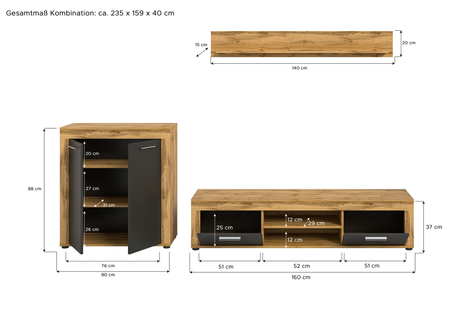 Meuble TV JAM (L/H/P : env. 255/159/40 cm) en imitation chêne Wotan/gris