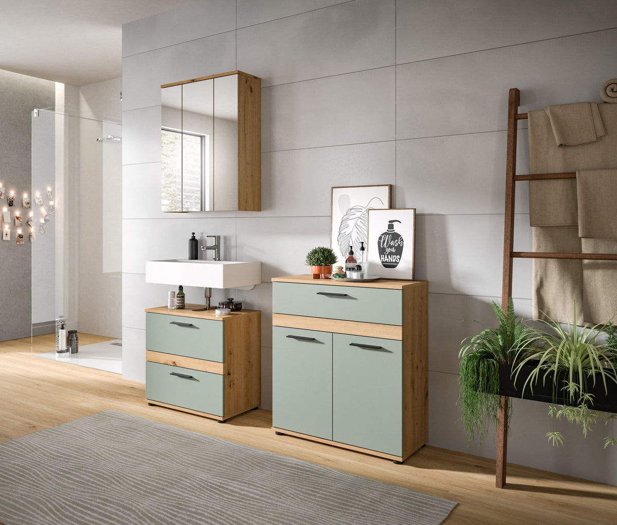 Badezimmerschrank-Set mit Schubladen, mintgrün, Holzfronten, Schrankgriffe