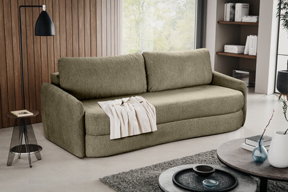 Schlafsofa mit olivgrünem Stoffbezug und zwei Rückenkissen, darunter Schlaffunktion-Form