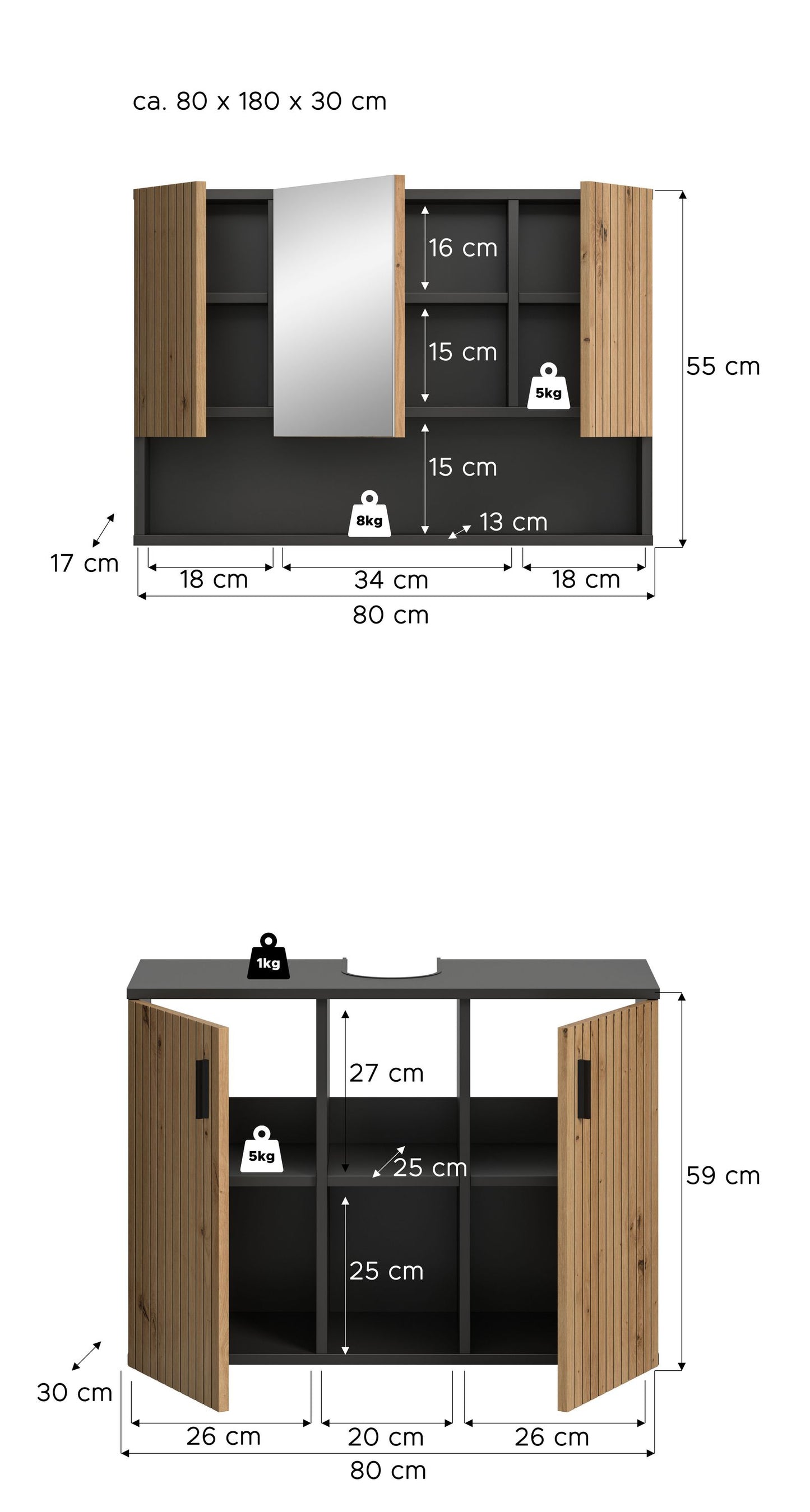 Homes & Jones Badezimmermöbel Set 2-tlg. Badmöbelset mit Badspiegelschrank
