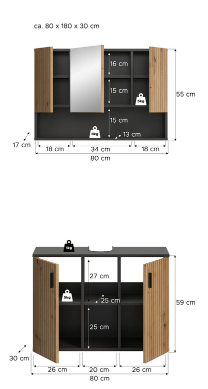 Homes & Jones Badezimmermöbel Set 2-tlg. Badmöbelset mit Badspiegelschrank