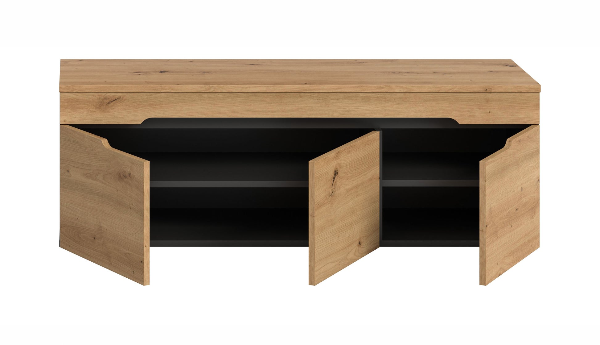Garderobenbank mit offenem Stauraum und zwei Seitenfächern, Holzoptik, schwarze Griffleiste