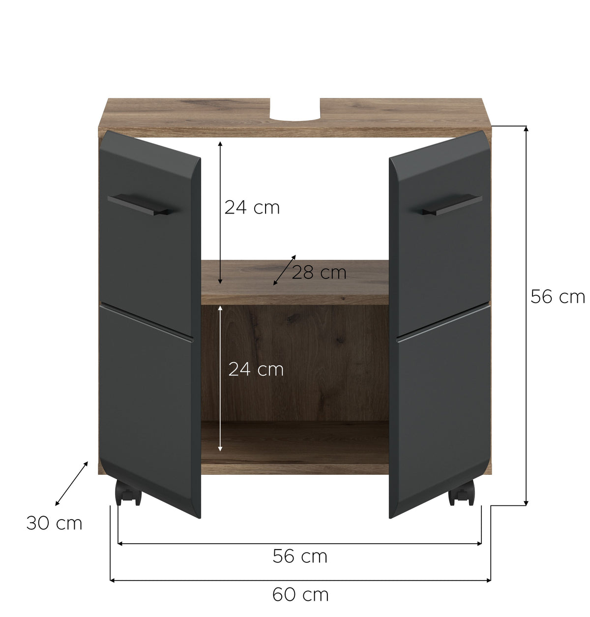 Rolling Washbasin Cabinet ICE (W/H/D: approx. 60/58/30 cm) in Nox Oak finish/matt black