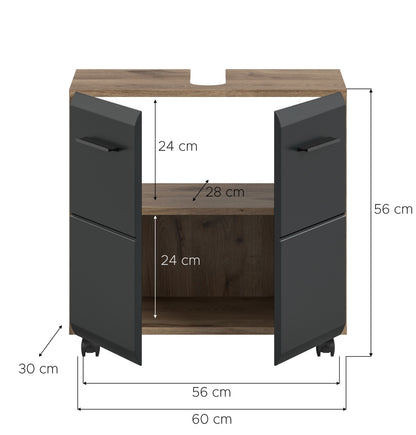 Rolling Washbasin Cabinet ICE (W/H/D: approx. 60/58/30 cm) in Nox Oak finish/matt black