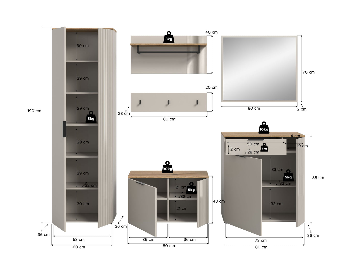 Homes & Jones Garderoben Set 6-tlg., Garderobenkomplettset, Dielen-Flurmöbel